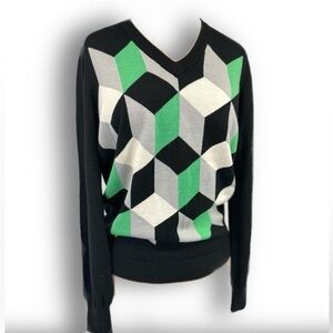 Golf Sweater Galvin Green: Black Green Geometric Pullover V-neck Wool Blend XL